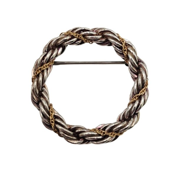 Tiffany & Co Brooch 18K Gold 925 Sterling Silver Twisted Rope Circle Wreath Pin - Picture 1 of 12